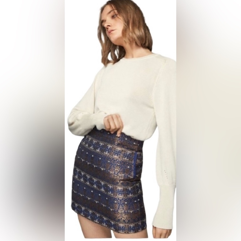 Massimo Dutti Mini Skirt Navy Blue Bronze Gold Metallic Jacquard Size 4